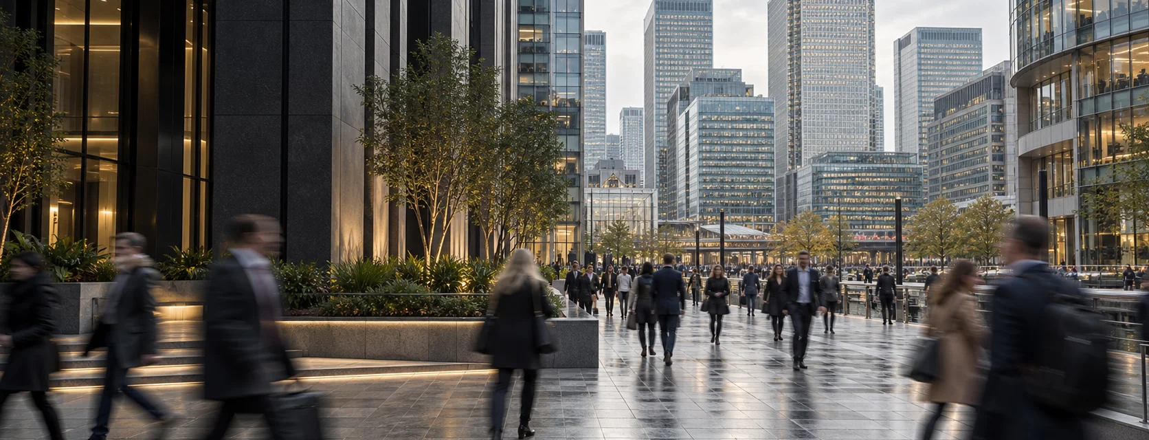 Illustrative London business district with tall office buildings and softly blurred pedestrians crossing a plaza