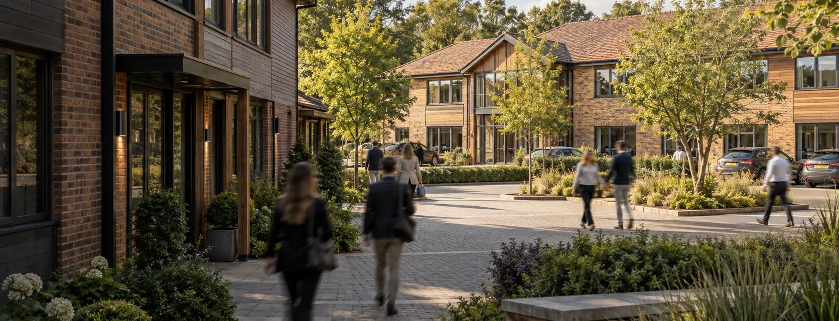 Illustrative small business office park with people walking between landscaped brick and timber offices